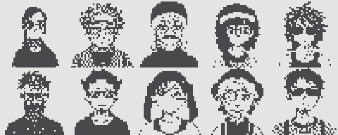 The image features a collection of nine different faces, each with unique characteristics such as glasses or hats, arranged in a horizontal line against a gray background. The faces are black and white, giving them an artistic and intriguing appearance. The caption below the image provides context about the artwork's purpose and the artist behind it.