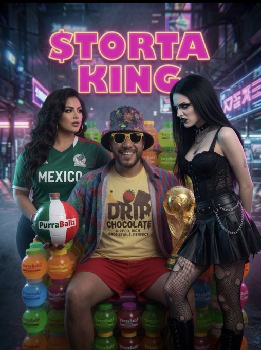 An AI-generated poster titled '$TORTA KING' features a man holding a golden trophy, flanked by two women, surrounded by colorful bottles of 'PurraBali' drink.