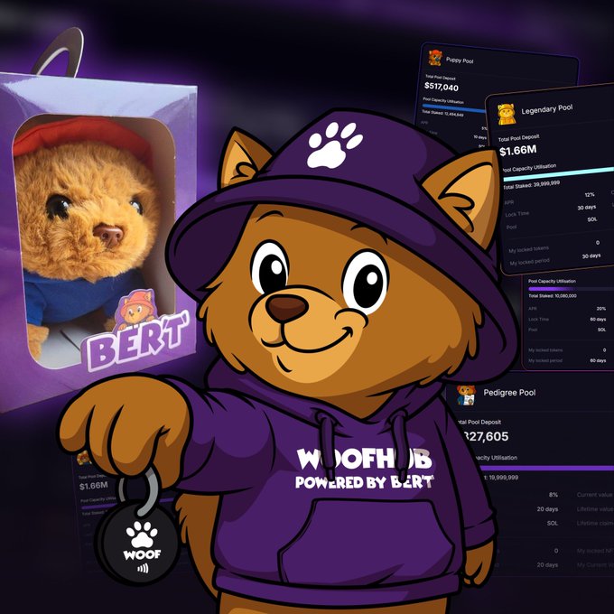 A promotional image for WOOF (Powered by B$\alphaRT) features a cartoon bear in a purple hoodie and cap with a paw print, alongside a teddy bear in a box labeled "BERT" and a WOOF dog tag.
