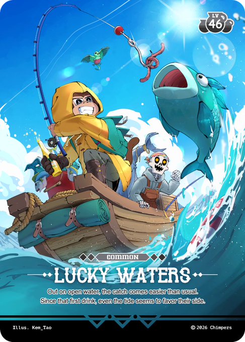 A vibrant "Lucky Waters" trading card (LV 46, Common) by Kem_Tao from ChimpersHQ features a cheerful angler in a yellow raincoat reeling in a giant blue fish from a small boat, with a green bird and skeletal companion aboard. The card aligns perfectly with the recipient's love of fishing, making it a thoughtful and personalized gift from @GenesisPiece.