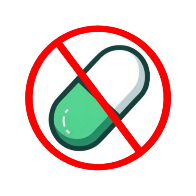 A graphic showing a green and white pill or capsule with a red prohibition symbol (circle with diagonal line) over it, indicating no medication or pills.