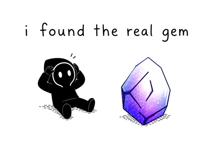 A cartoon image featuring a black-hooded character sitting on the ground looking surprised next to a purple and blue galaxy-patterned crystal, with the text 'i found the real gem' displayed above.