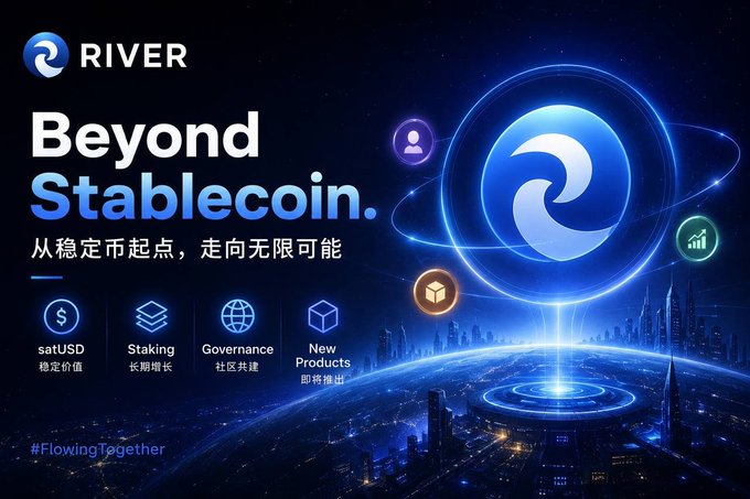 A promotional graphic for 'RIVER' with the headline 'Beyond Stablecoin.' and Chinese text, featuring icons for satUSD (稳定价值), Staking (长期增长), Governance (社区共建), and New Products (即将推出), along with '#FlowingTogether'.