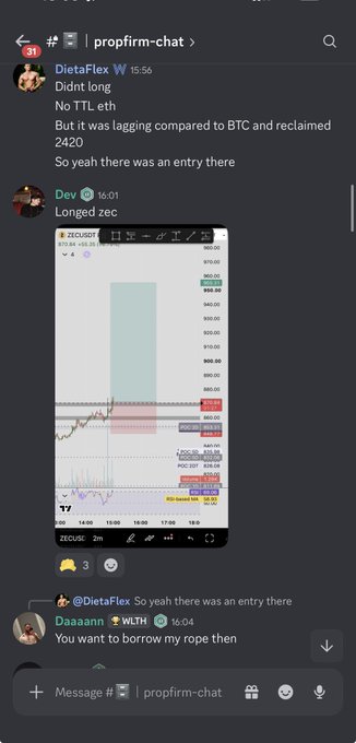 A screenshot of a Telegram chat in the 'proprfirm-chat' group where users 'DietaFlex' and 'Dev' discuss trading, including a ZECUSDT chart and a mention of borrowing 'my rope'.