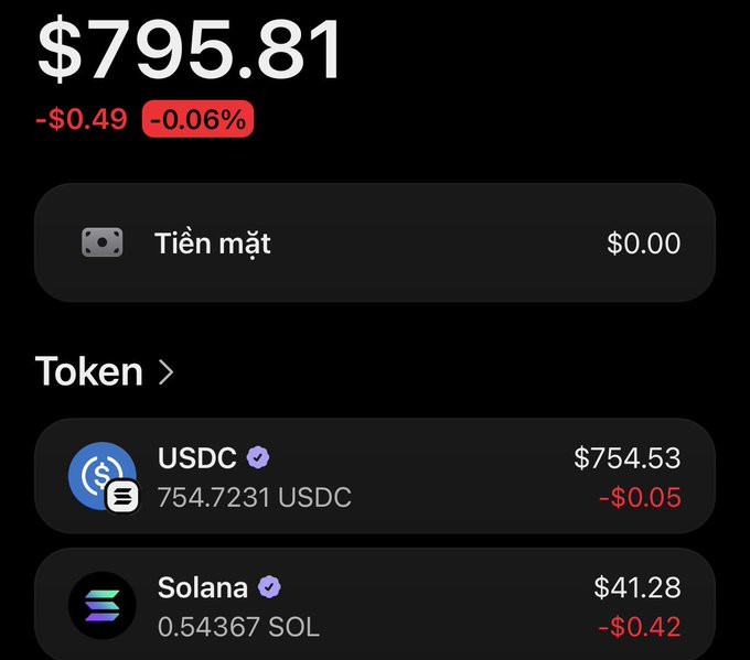 A crypto wallet interface in Vietnamese showing a total balance of $795.81, with holdings in USDC ($754.53) and Solana ($41.28, 0.54367 SOL).