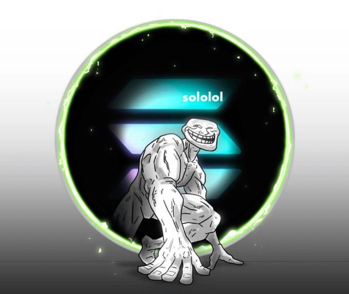A meme-style illustration shows a muscular, grinning Trollface character crouching in front of a circular black background with green neon edges and the word "sololol" in white text.