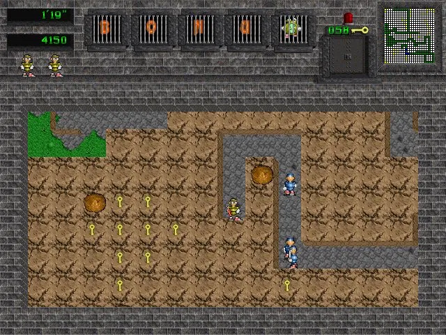 The image shows a video game scene with two players, one of whom has a gun. They are navigating through a maze-like environment filled with obstacles such as rocks and walls. The player holding the gun appears to be leading the way while the other player follows closely behind. There is also a clock in the background that reads "11:50".