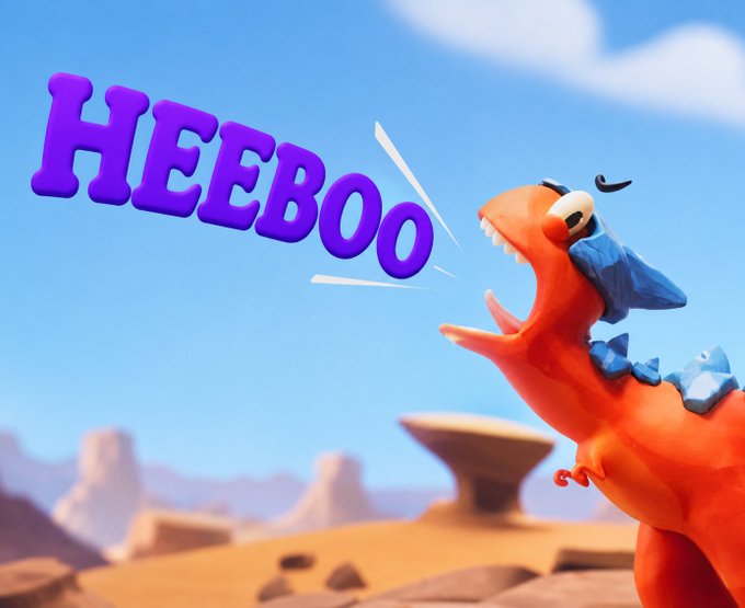 A 3D-rendered orange cartoon dinosaur character wearing a blue head covering screams the word "HEEBOO" in large purple text against a desert backdrop.