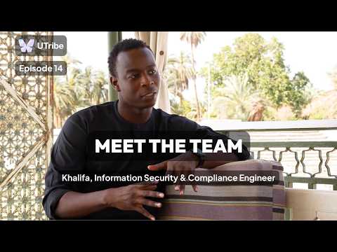 A video still titled 'MEET THE TEAM' featuring Khalifa, Information Security & Compliance Engineer, sitting outdoors with palm trees in the background, with a UTribe logo and 'Episode 14' in the corner.