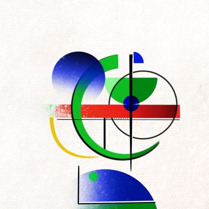 An abstract geometric composition with overlapping circles, rectangles, and curved lines in blue, green, red, and yellow on a cream background.