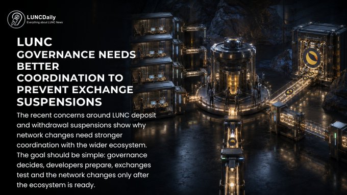 A LNCDaily article titled 'LUNC GOVERNANCE NEEDS BETTER COORDINATION TO PREVENT EXCHANGE SUSPENSIONS' featuring an underground facility image, discussing LUNC deposit and withdrawal concerns and advocating for coordinated governance.