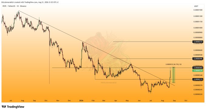 A TradingView chart of PEPE/USDT on Binance shows the price breaking out of a descending trendline and hitting the second target of 0.00000404 for a 43% gain, matching the post's successful trade call with reaction selling occurring at the target level.