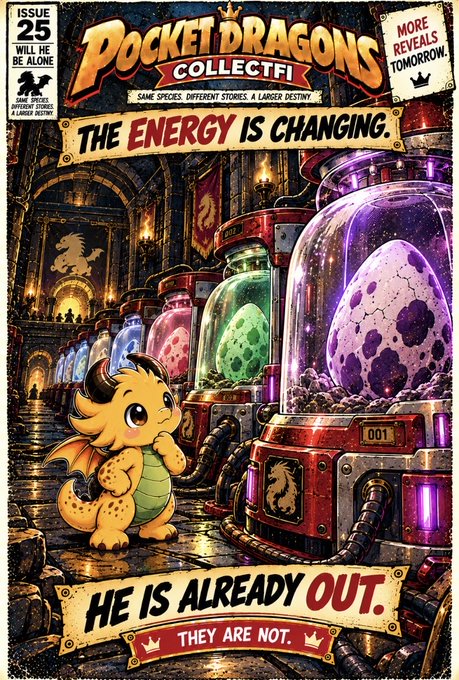 A comic book-style cover titled 'POCKET DRAGONS COLLECTIFI' Issue 25 featuring a cute orange baby dragon in front of large glowing dragon eggs in containment vessels, with text 'THE ENERGY IS CHANGING' and 'HE IS ALREADY OUT. THEY ARE NOT.'