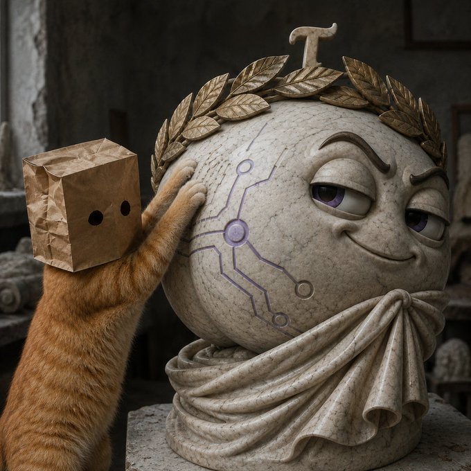 A surreal digital artwork shows a marble statue head with a laurel wreath and purple circuit-like markings, being touched on the cheek by a furry orange paw wearing a brown paper bag mask.