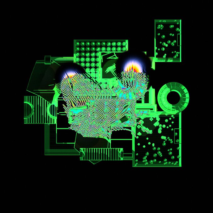 A stylized digital artwork on a black background depicting a heart-shaped circuit board with a complex network of green traces, glowing nodes, and two spherical heat sources at the top.