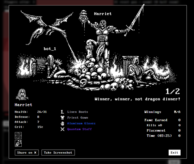 The image shows a victory screen from the game Unchained, with the player "Harriet" defeating "bot_1" in a battle against a dragon, celebrating atop a pile of skulls with the text "Winner, winner, not dragon dinner!" The stats panel shows Harriet at full health (26/31) with equipped items including Linen Boots, Priest Gown, Aluminum Gloves, and Quantum Staff, completing the game in 3 minutes with 0 kills—reflecting the user's first successful playthrough of the game mentioned in their post.