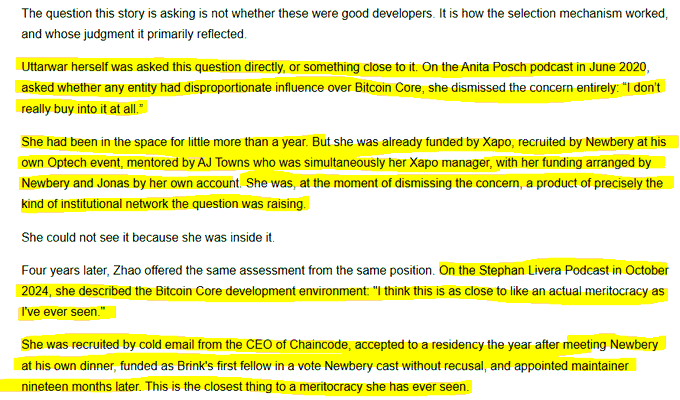 The image features a screenshot of an article that includes text written in yellow. The main focus of this content appears to be on Stphan Livera, a prominent figure in the world of cryptocurrency, who is considered a good developer within the industry. The article discusses a decision he made at the Bitcoin Core development environment, implying his involvement with Bitcoin core and the development process. The image also includes other names and descriptions such as "Jona Sjors," "Kris," and "Lena," which may provide more context or background information related to the main subject of the article.