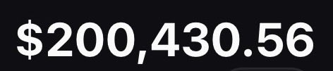 The image displays the bold white text "$200,430.56" on a black background. This figure likely represents the account balance or profit milestone referenced in the accompanying post, illustrating the dramatic growth of a $1,500 investment into over $200,000 in under two months.