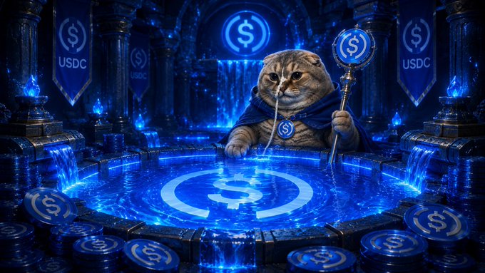 The image features a cat sitting at the center of a blue pool, holding a wand with a dollar sign symbol on it. The cat appears to be wearing a robe or cape that has the word "USDC" written on it. In the background, there are several banners and signs related to USDC, indicating its importance in this scene. The image also contains text about an Animal USDC runner being sent to 10M+ to help heal the trenches.