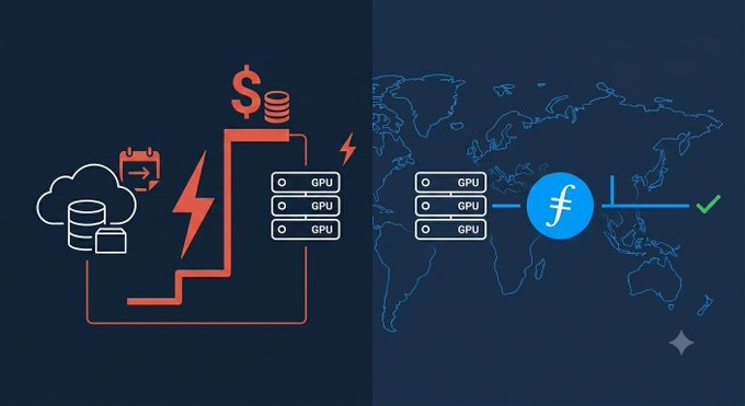 The image contrasts two cloud storage scenarios: on the left, Google Cloud (red) shows escalating costs with dollar signs and lightning bolts representing rising egress fees, while on the right, Filecoin (blue, marked "f") displays stable pricing against a world map with a checkmark, illustrating how Filecoin's decentralized storage avoids vendor-driven price hikes like Google Cloud's increased peering egress rates that cost enterprises $25,000-$30,000 monthly on 200TB of data.