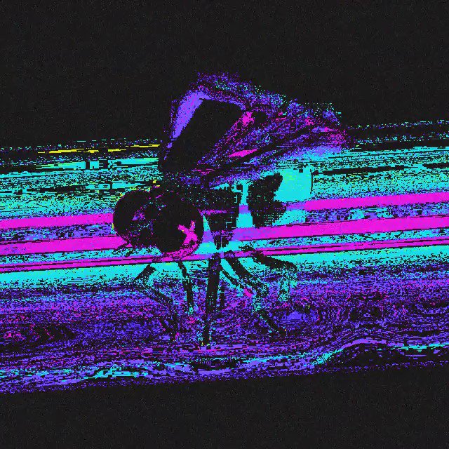 The image features a colorful, abstract painting of a fly with purple wings and black spots. The background consists of blue and pink lines that create an artistic effect. The image also includes text that reads "another flies art banger incoming MUTATIO-X" by @holytoxicXx". This suggests the artist's intention to create a unique, eye-catching piece of artwork with a strong connection to the post about flies.