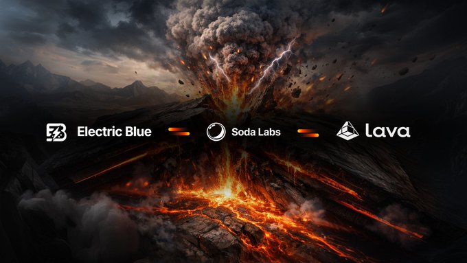 The image shows a dramatic volcanic eruption with lava flowing and lightning striking an ash cloud, overlaid with the logos "Electric Blue," "Soda Labs," and "lava" connected by red equal signs, symbolizing Soda Labs joining the Lava Tokenization Sandbox alongside Electric Blue.