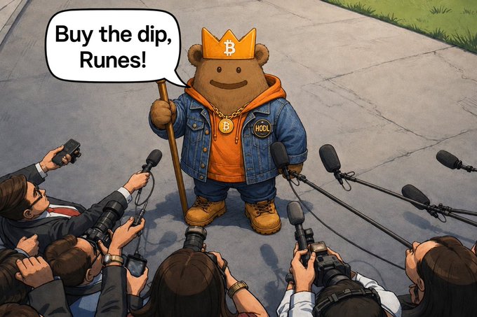 A cartoon illustration of a bear character wearing a crown with a Bitcoin logo, a denim jacket, and a 'HODL' badge, holding a sign reading 'Buy the dip, Runes!' while surrounded by reporters with microphones.