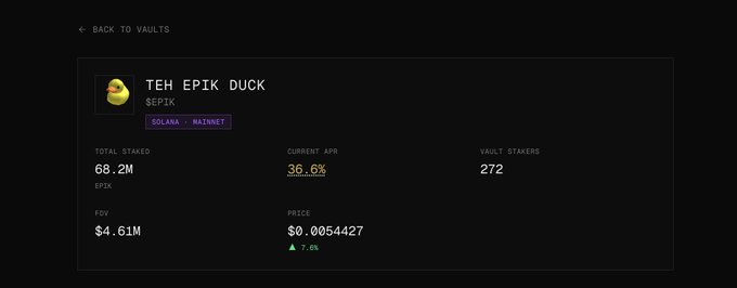 Screenshot of a cryptocurrency vault dashboard for "TEH EPIK DUCK" ($EPIK) on the Solana mainnet, showing 68.2M $EPIK total staked across 272 vault stakers, a 36.6% current APR, a $4.61M FDV, and a current price of $0.0054427 — reflecting the creator's update on staking and price milestones.