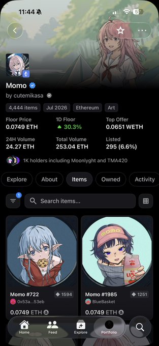 The image shows a mobile screenshot of an NFT collection page for "Momo" by cutemikasa on Ethereum, displaying a floor price of 0.0749 ETH, 24H volume of 24.27 ETH, and 1K holders including Moonlight and TMA420. The post's question about whether Momo is the next pyopyopyo references the collection's trading metrics and notable holders, suggesting bullish speculation based on the active market activity and recognizable investor names visible in the stats.