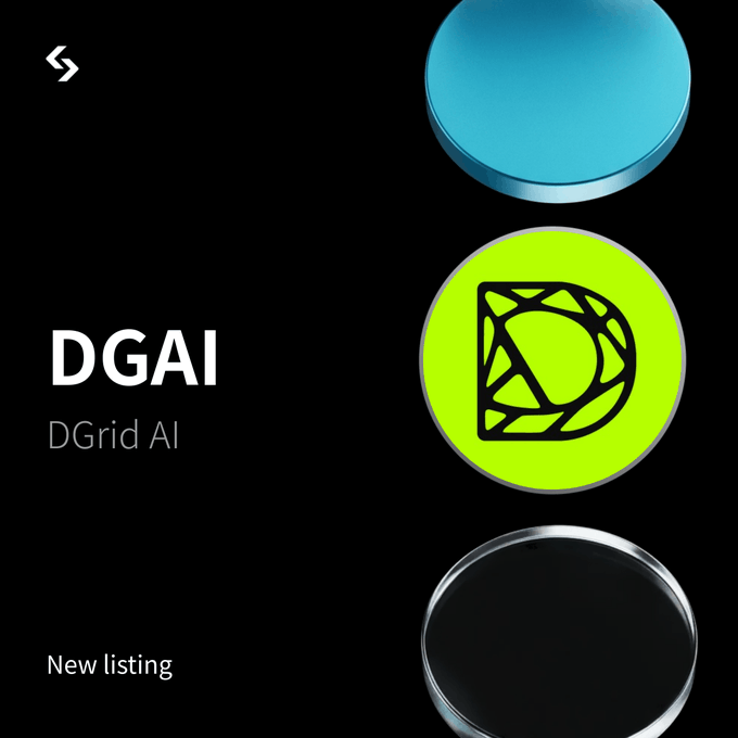 Promotional graphic for the initial listing of $DGAI (DGrid AI) token, featuring a bright green circular logo with a geometric "D" design alongside the text "DGAI - DGrid AI - New listing," announcing its pairing with USDT on Bitget with trading starting August 24, 8:00 (UTC).
