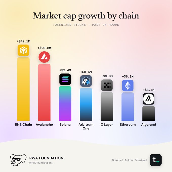 An infographic titled 'Market cap growth by chain' displays tokenized stocks data for the past 24 hours, with BNB Chain leading at +$42.1M, followed by Avalanche (+$29.8M), Solana, Arbitrum One, X Layer, Ethereum, and Algorand, sourced from Token Terminal by the RWA Foundation.