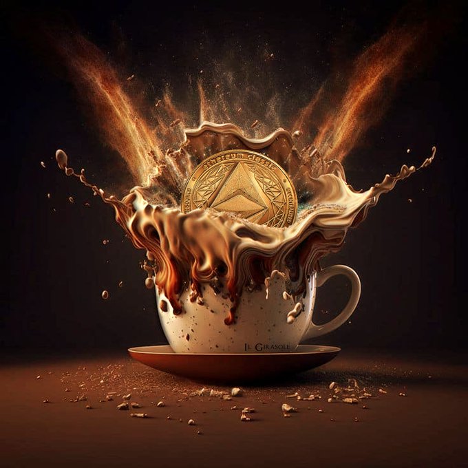 A stylized image of an Ethereum cryptocurrency coin splashing into a white coffee cup, surrounded by an explosive splash of brown liquid against a dark background, with the text 'IL CIRASOLE' on the cup.