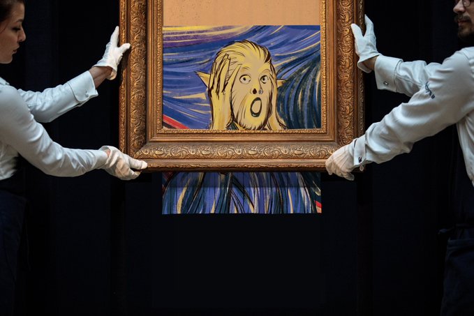 Two people wearing white gloves carefully hold up a framed painting depicting the screaming face from Edvard Munch's "The Scream," rendered in gold against a swirling blue and yellow background.