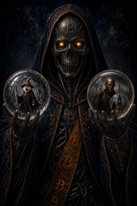 A dark fantasy illustration of a skeletal figure in a hooded blue robe with glowing orange eyes, holding two crystal balls containing other figures.