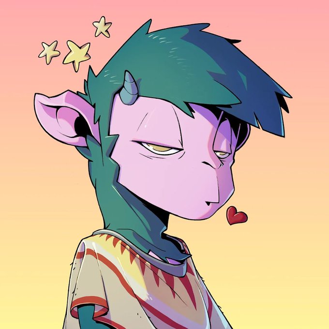 An anime-style illustration of a purple-skinned, horned character with teal hair looking over their shoulder with a small heart, set against a sunset gradient background with stars.