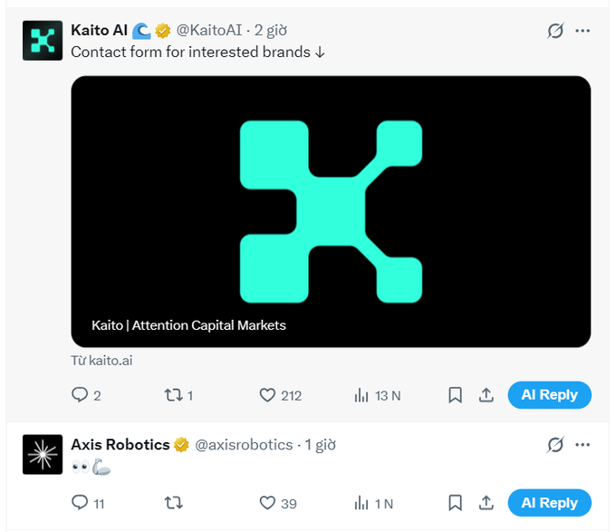 A screenshot of an X (Twitter) post from Kaito AI (@KaitoAI) sharing a contact form link with their teal 'K' logo and the caption "Kaito | Attention Capital Markets," showing engagement metrics.