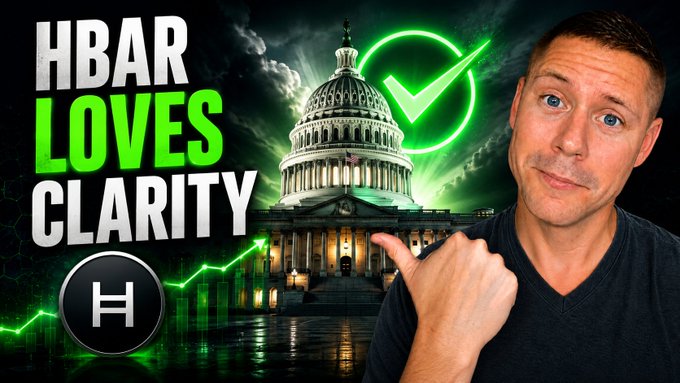 Thumbnail image with text 'HBAR LOVES CLARITY' showing a man pointing toward the U.S. Capitol building, accompanied by a glowing green checkmark and the Hedera (H) logo.