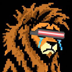 A pixel art image of a character with wild orange hair wearing red and blue striped visor-style glasses.