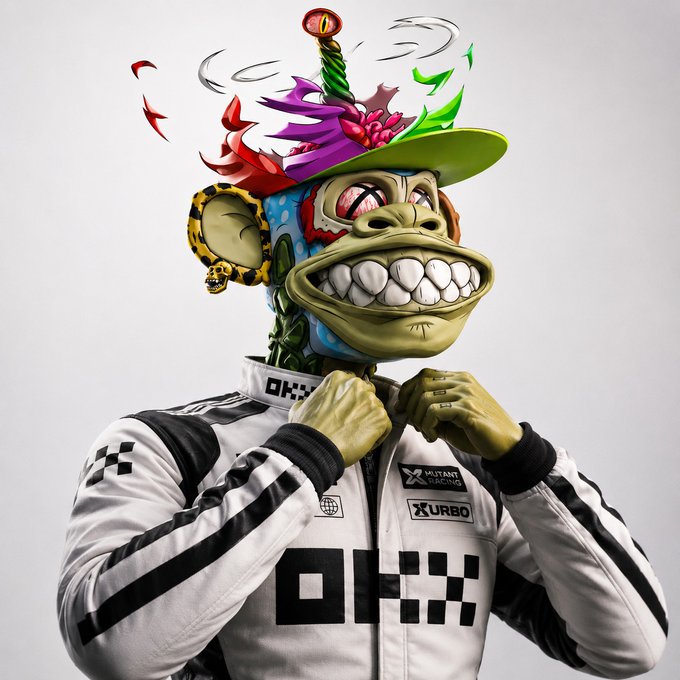 A 3D-rendered character in a racing suit with 'OKX' and 'URBO' logos, featuring a colorful mask with a wide grin, a green hat, and decorative feathers.