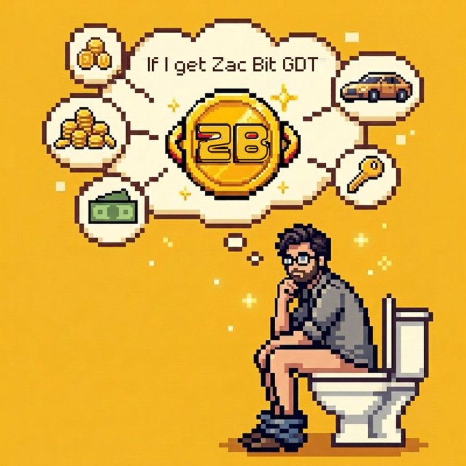 A pixel art meme showing a man sitting on a toilet daydreaming in a thought bubble containing a '26' coin, with smaller bubbles showing gold bars, coins, cash, a car, and a key, accompanied by the text 'If I get Zac Bit GDT'.