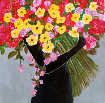 A vibrant painting depicts a dark vase overflowing with a lush bouquet of yellow, pink, and red flowers, with green foliage draping down the side, set against a pale blue background. The image appears to be a piece of digital art being shared as a gift, linked to an NFT listing on Objkt.com for 15 XTZ.