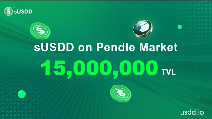 The image shows a post on Usdd.io promoting a Bitcoin mining project called sUSDD on Pendle Market. The post includes an advertisement for a Bitcoin coin, which is priced at $15,000,000 in TVL (time value of money). There are three coins depicted on the screen; one appears to be a Bitcoin, while two others look like Bitcoins. A timer can also be seen within this composition. The image highlights momentum building across the USDD ecosystem as users actively engage with and invest in projects like sUSDD on Pendle Market.