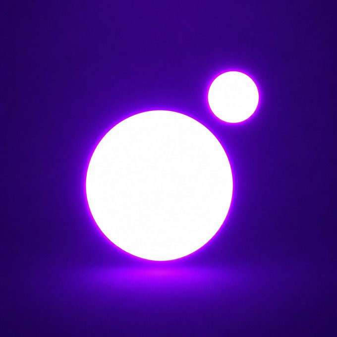 Abstract 3D render featuring two glowing white spheres—one large and one smaller—floating against a deep purple background with a subtle reflection beneath them.
