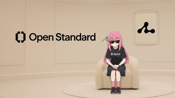 A pink-haired anime-style avatar wearing an "Aptos" shirt and sunglasses sits in a chair in a minimalist room displaying the "Open Standard" logo on the left and a framed Aptos logo on the right. The image visually represents Aptos joining Open Standard's Open USD initiative as a launch partner alongside major fintech companies.