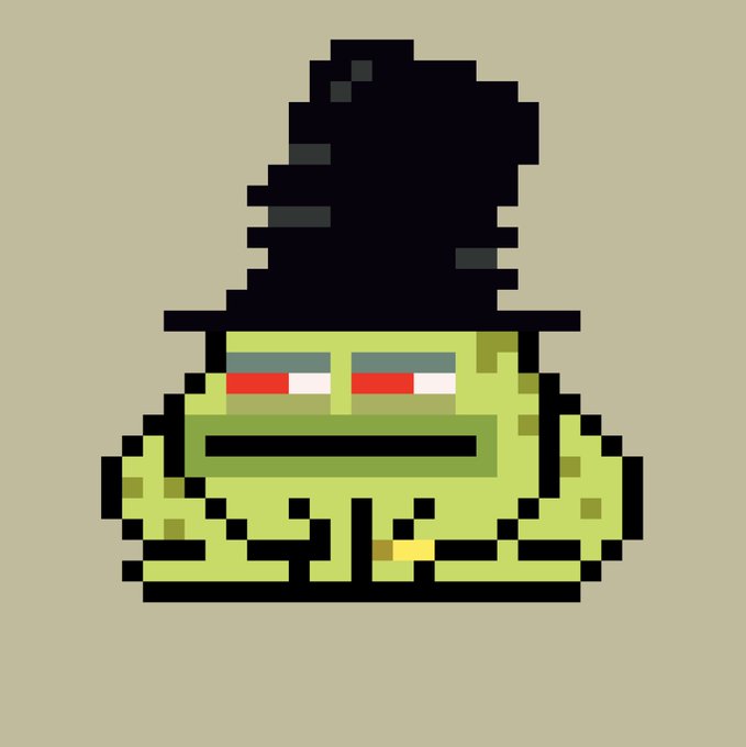 A pixel art illustration of a green zombie-like creature wearing a tall black witch hat against a beige background.