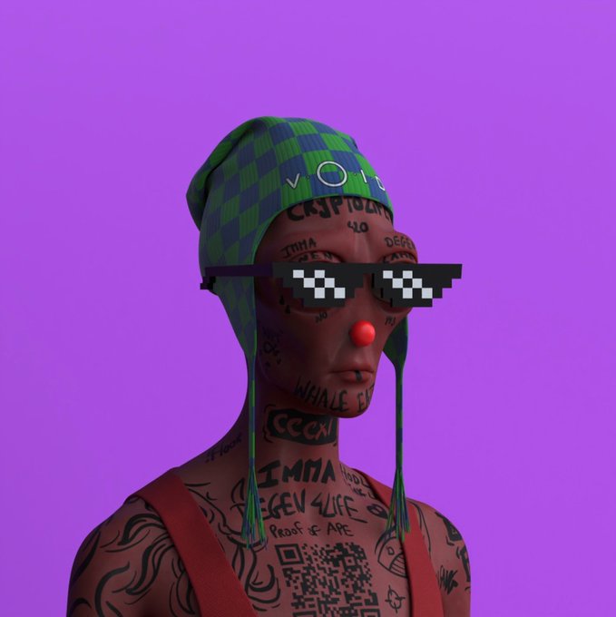A 3D rendered character with dark skin, covered in tattoos including text like 'IMMA', 'SCREAM', 'WHALE', and a QR code on the chest, wearing a green and blue checkered beanie with 'VOIR' text, pixelated 'deal with it' sunglasses, and a red clown nose against a purple background.