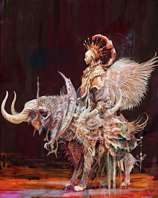 A dark fantasy artwork depicting an armored figure with a spiked crown and large wings riding a skeletal, horned beast against a crimson background.