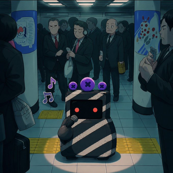 An illustration shows a small robot with glowing red eyes and purple buttons singing into a microphone on a subway platform, surrounded by commuters in suits looking at their phones.