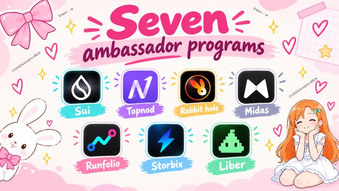 A pink-themed infographic titled 'Seven ambassador programs' displaying logos for Sui, Topnod, Rabbit hole, Midas, Runfolio, Storbix, and Liber, decorated with anime-style characters and cute kawaii elements.
