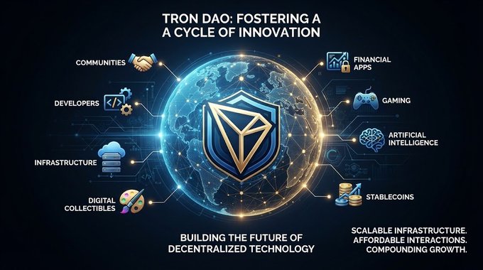 A promotional graphic for 'TRON DAO: FOSTERING A CYCLE OF INNOVATION' featuring a central shield logo over a globe, surrounded by icons for 'COMMUNITIES', 'DEVELOPERS', 'INFRASTRUCTURE', 'DIGITAL COLLECTIBLES', 'FINANCIAL APPS', 'GAMING', 'ARTIFICIAL INTELLIGENCE', and 'STABLECOINS'.